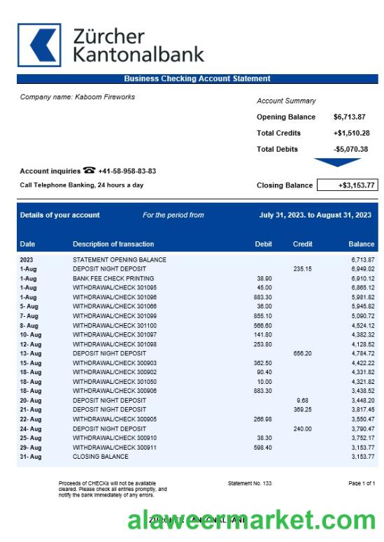 Zurcher Kantonalbank business statement Word and PDF template